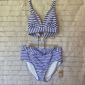 NWT Kona Sol blue stripe 2 pc bathing suit D/DD XL high waisted